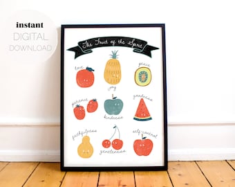 Impresión del fruto del espíritu (descarga digital), cartel de las Escrituras del versículo bíblico cristiano, arte de pared imprimible para guardería, habitación para niños o sala de juegos