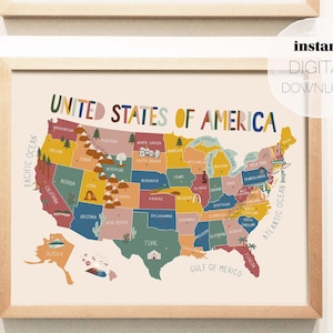 United States of America Illustrated Map | Digital Download | Horizontal Printable Poster | Nursery, Kids Playroom, Classroom Learning Print