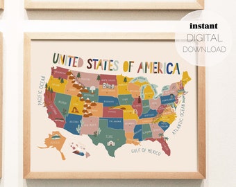 United States of America Illustrated Map | Digital Download | Horizontal Printable Poster | Nursery, Kids Playroom, Classroom Learning Print