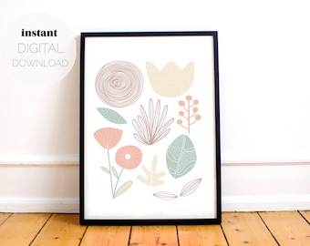 Pastel Scandi Botanical Vertical Print / Descarga digital / Póster imprimible / Guardería, Bebé, Sala de juegos para niños Arte de pared / Decoración boho minimalista