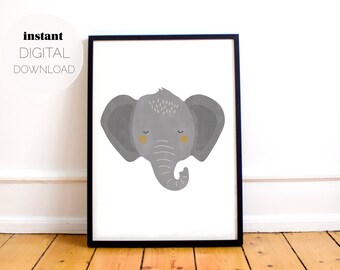 Impresión vertical de elefante minimalista gris / Descarga digital / Póster imprimible / Guardería, Bebé, Habitación para niños, Arte de pared de sala de juegos / Decoración Boho Scandi