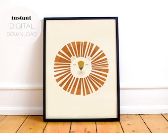 Geometric Lion Vertical Print: Off-White Background (Digital Download), Printable Poster, Wall Art for Nursery, Baby, Kids Room, or Playroom
