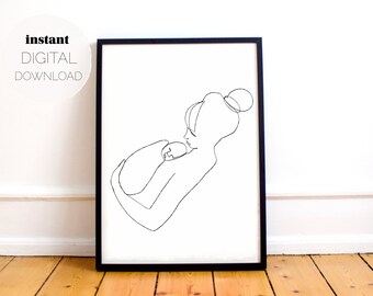 Dibujo de una sola línea de mamá y bebé (descarga digital), retrato monolínea de maternidad, póster minimalista grande en blanco y negro, regalo del Día de la Madre
