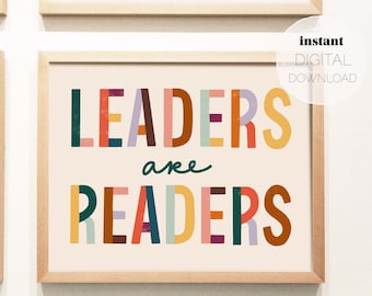 Los líderes son lectores Impresión de arte con letras a mano / Descarga digital / Cartel imprimible horizontal / Sala de juegos para niños, Decoración del aula / Regalo del maestro