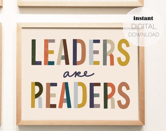Leaders Are Readers Hand-Lettered Art Print | Digital Download | Horizontal Printable Poster | Kids Playroom, Classroom Decor | Teacher Gift