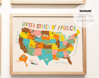 United States of America Illustrated Map | Digital Download | Horizontal Printable Poster | Nursery, Kids Playroom, Classroom Learning Print