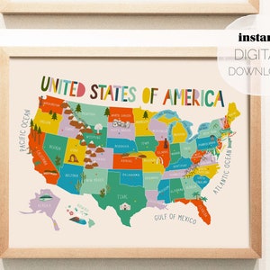 Vereinigte Staaten von Amerika Illustrierte Karte | Digitaler Download | Horizontales druckbares Poster | Kindergarten, Kinderspielzimmer, Klassenzimmer Lernen Print