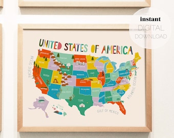 Mapa ilustrado de los Estados Unidos de América / Descarga digital / Cartel imprimible horizontal / Guardería, Sala de juegos para niños, Impresión de aprendizaje en el aula