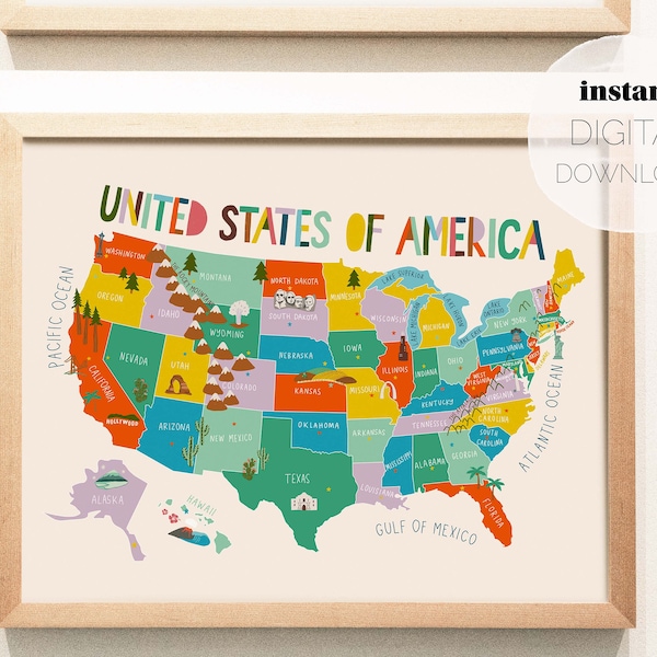 United States of America Illustrated Map | Digital Download | Horizontal Printable Poster | Nursery, Kids Playroom, Classroom Learning Print