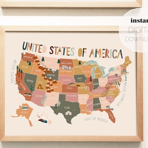 Vereinigte Staaten von Amerika Illustrierte Karte | Digitaler Download | Horizontales druckbares Poster | Kindergarten, Kinderspielzimmer, Klassenzimmer Lernen Print