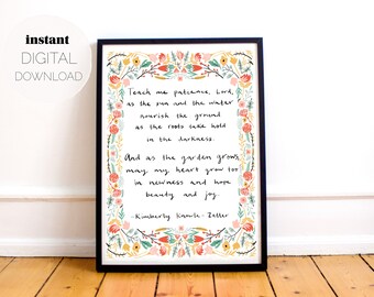 Hand-Lettered Garden Prayer Print |  Digital Download | Bright Florals | Illustrated Botanical Quote Poster | Boho Scandi Christian Wall Art