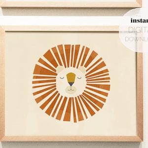 Geometric Lion Horizontal Print: Off-White Background (Digital Download), Printable Poster, Wall Art for Nursery, Baby, Kids Room, Playroom