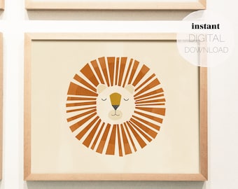 Impresión horizontal de león geométrico: fondo blanquecino (descarga digital), póster imprimible, arte de pared para guardería, bebé, habitación para niños, sala de juegos