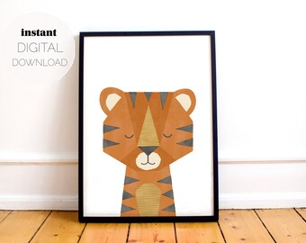 Impresión vertical del tigre geométrico: fondo blanco (descarga digital), arte de pared imprimible Safari para guardería, bebé, habitación para niños o sala de juegos