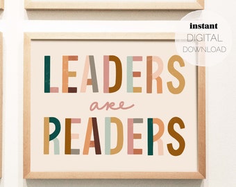 Leaders Are Readers Hand-Lettered Art Print | Digital Download | Horizontal Printable Poster | Kids Playroom, Classroom Decor | Teacher Gift