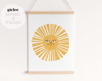 Smiling Sun Giclee Print en 20 opciones de color (IMPRESO Y ENVIADO), Póster Boho Scandi, Arte de pared de género neutro para guardería, niños, sala de juegos