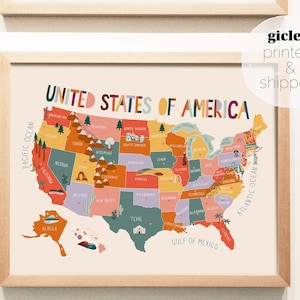 United States of America Illustrated Map Giclee Print (PRINTED & SHIPPED), Horizontal Poster, Wall Art for Kids Room, Playroom, Classroom