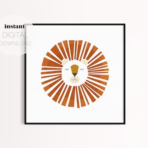 Geometric Lion Square Print: White Background (Digital Download), Printable Poster, Wall Art for Nursery, Baby, Kids Room, or Playroom