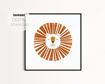 Impresión geométrica del cuadrado del león: fondo blanco (descarga digital), póster imprimible, arte de pared para guardería, bebé, habitación para niños o sala de juegos