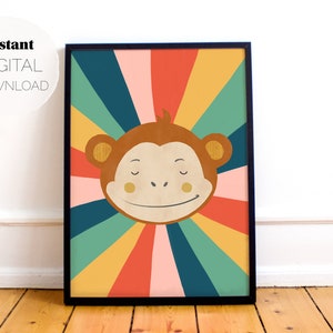 Rainbow Circus Monkey Print (digitale download), kinderkamer, baby, kinderkamer, speelkamer afdrukbare muurkunst, speelse en kleurrijke grote poster