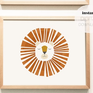 Impresión horizontal de león geométrico: fondo blanco (descarga digital), póster imprimible, arte de pared para guardería, bebé, habitación para niños, sala de juegos