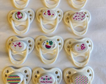 Magnetic Pacifier For Dolls 12 pc  (Pretty Flamingo)Design