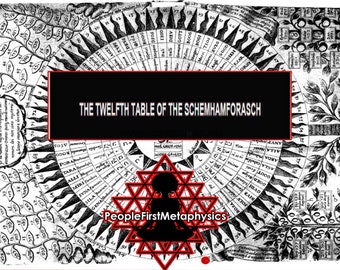 Puede incluir: Ilustración de estilo antiguo con el texto "THE TWELFTH TABLE OF THE SCHEMHAMFORASCH" en un rectángulo negro. La imagen incluye un diagrama circular con texto y un símbolo geométrico rojo con la silueta de una persona meditando.