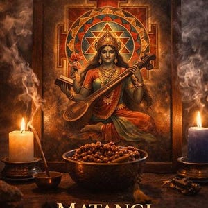 May include: An artistic illustration featuring a woman playing a stringed instrument, with candles and a bowl of beads. The image includes text that reads "MATANGI Sonic Ritual for Psychic Insight & Inner Wisdom."