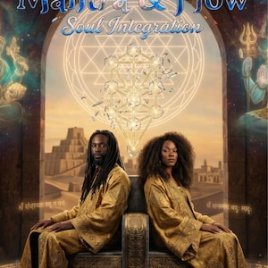 May include: An artistic image featuring two people in gold robes seated on a decorative chair. The text "Mantra & Flow Soul Integration" is displayed above them. The words "Sacred Ashram Ministries" are at the bottom.