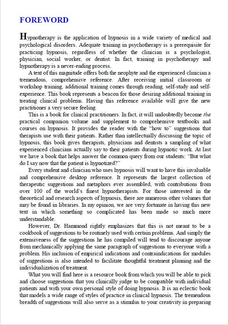 Puede incluir: Una p&aacute;gina en blanco y negro de un libro con el t&iacute;tulo "Pr&oacute;logo" y texto sobre hipnoterapia. El texto trata sobre la importancia de la formaci&oacute;n en psicoterapia e hipnoterapia, y c&oacute;mo este libro puede ser un recurso valioso para los cl&iacute;nicos.