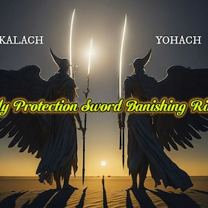 May include: Silhouette of two figures with wings, holding swords, against a sunset backdrop. The text "Holy Protection Sword Banishing Ritual" is written in yellow across the middle of the image. The figures are labeled "Kalach" and "Yohach".
