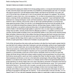 May include: A page from a book with black text on a white background. The text is a preface to the 1611 King James Version of the Bible. The text discusses the importance of promoting the common good and the challenges of doing so.