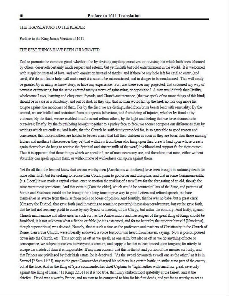 May include: A page from a book with black text on a white background. The text is a preface to the 1611 King James Version of the Bible. The text discusses the importance of promoting the common good and the challenges of doing so.