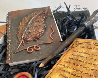 Handcrafted Black Quill Diary with Harry Potter's Wand Inspired by Dolores Umbridge Wizarding Journal and Writing Set