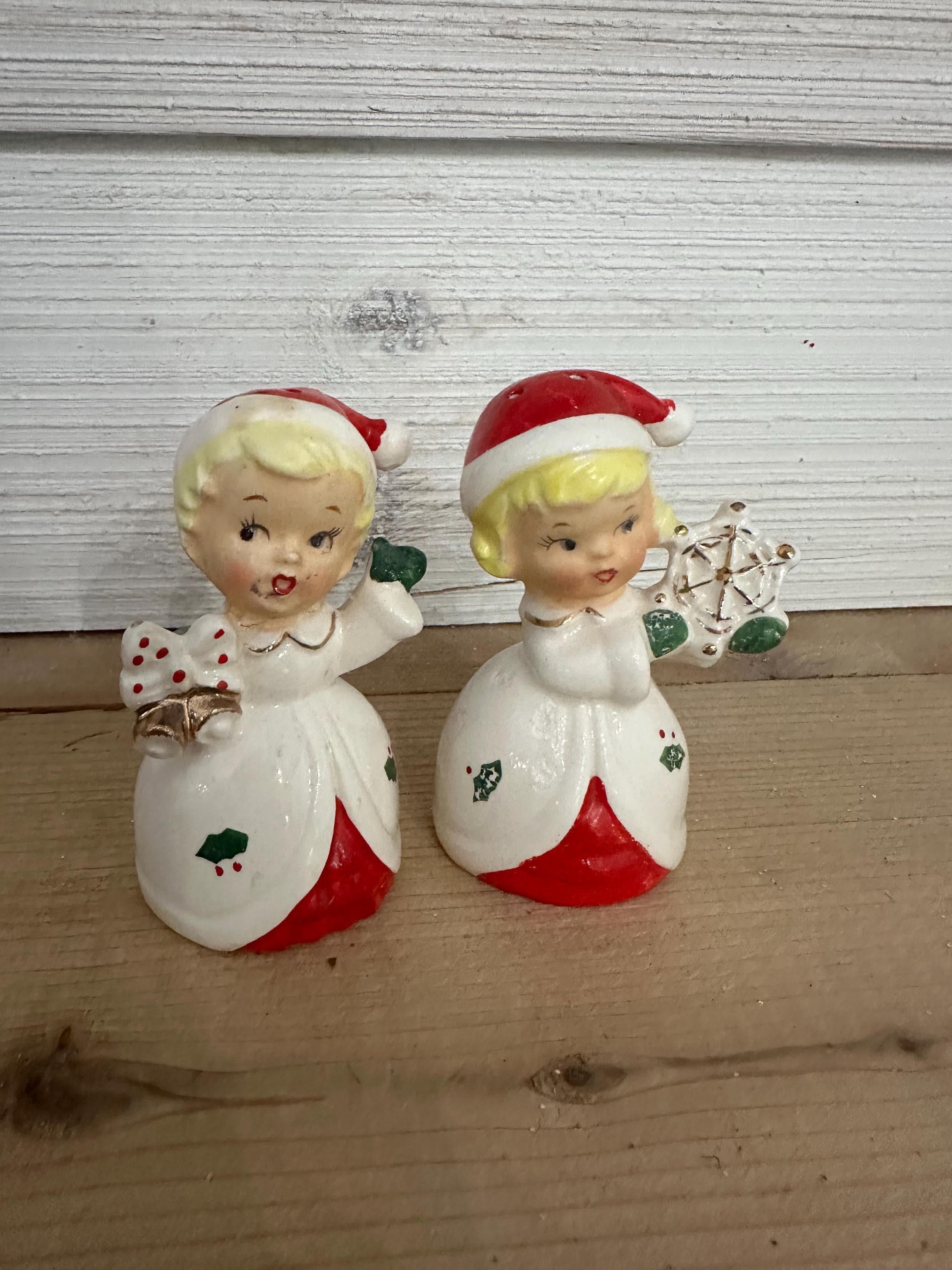 Napco Vintage Christmas Santa Hat Merry Christmas Kids Salt Pepper Shakers Repaired