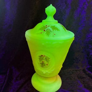 Vintage Fenton Uranium Custard Hand Painted Holly Candy Dish