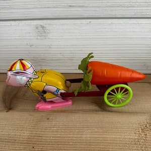 Vintage Japan Tin Litho Wind-Up Easter Bunny Rabbit Pulling Cart & Carrot image 1