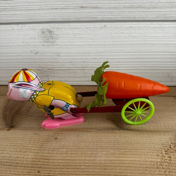 Vintage Japan Tin Litho Wind-Up Easter Bunny Rabbit Pulling Cart & Carrot