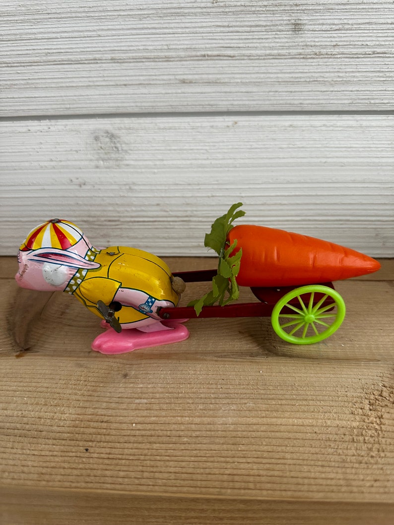 Vintage Japan Tin Litho Wind-Up Easter Bunny Rabbit Pulling Cart & Carrot image 1