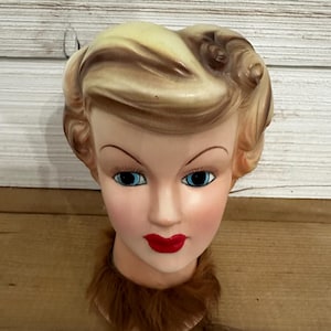 Vintage Blonde Lady Head Vase with Fur Collar