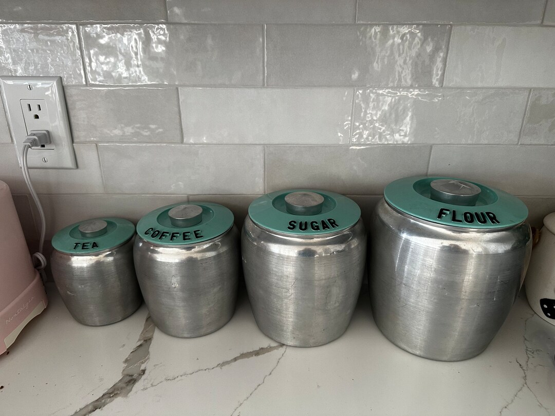 Vintage Kromex Silver Canisters Wit Turquoise Tops Etsy