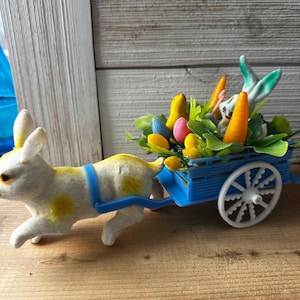 Vintage Flocked Easter Bunny with cart