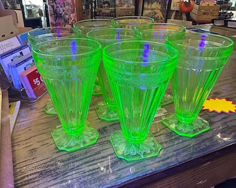 Uranium  Jeannette Adam Green Depression Glass 7 oz. Footed Ice Tea Tumbler  8 available