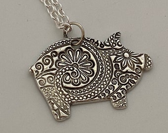 Handcrafted PMC .999 Fine Silver Pig Pendant on Sterling Silver Chain