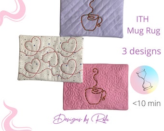 In the Hoop ITH Coffee Mug Rug, love mug rug, Embroidery Digital File, Instant Download, machine embroidery design pattern,5X7 hoop