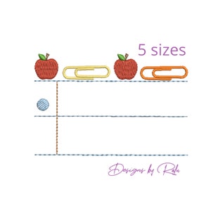 Back to school notebook machine embroidery design, apple embroidey,paper clip embroidery, template for name, digital download,5 sizes