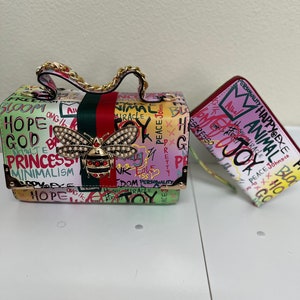 Bolso de mano cuadrado 2 en 1 con diseño de grafiti elegante, cartera 2 en 1