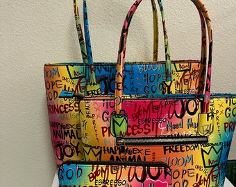 Multi color Graffiti tote bag happy, joy, love, 3in1 monogrammed tote bags, monogrammed purse, monogrammed 3in 1 purse with wallet