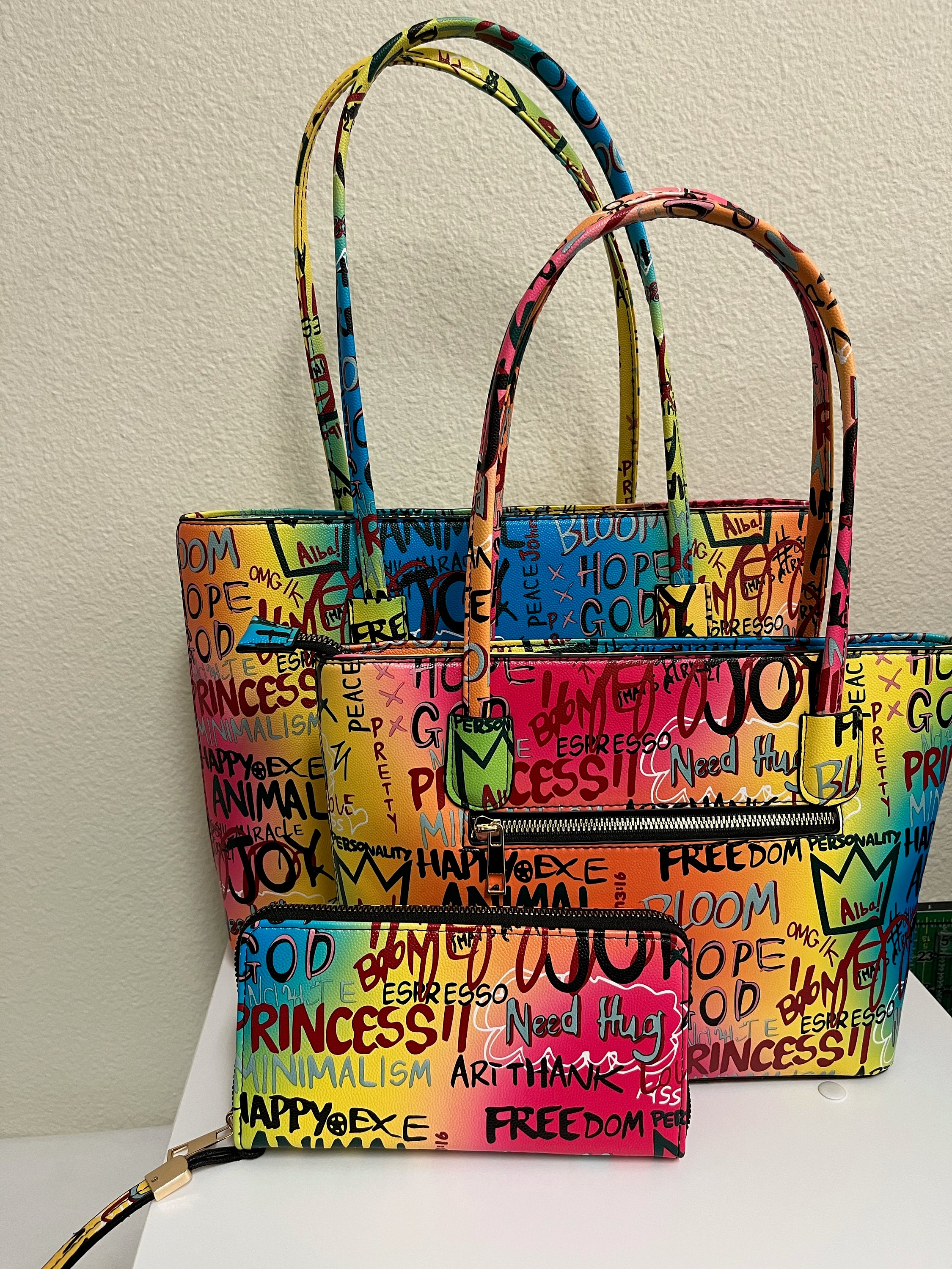Multi Color Graffiti Tote Bag Happy Joy Love 3in1 Monogrammed Tote Bags Monogrammed Purse Monogrammed 3in 1 Purse With Wallet Etsy