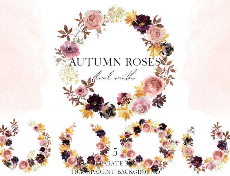 Dusty Rose Watercolor Floral Wreaths Clipart.Autumn | Etsy